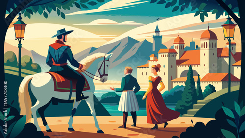 A nobleman on horseback gazes at a picturesque castle as a lady and a young boy converse nearby, surrounded by lush greenery.