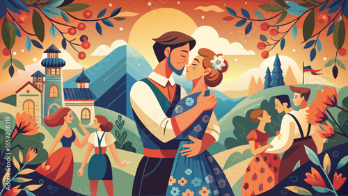 A romantic embrace between a couple in a vibrant landscape, surrounded by friends celebrating love and joy.