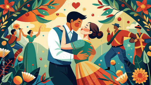 A joyful couple dances closely amidst vibrant colors and festive surroundings, celebrating love and togetherness.
