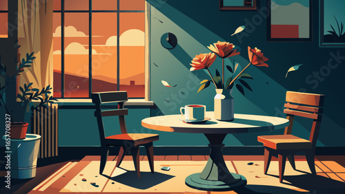 A cozy interior scene featuring a table with two chairs and a vase of flowers, bathed in warm sunset light.