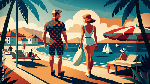 A couple strolls hand-in-hand along a vibrant beach promenade, enjoying a sunny day by the water.
