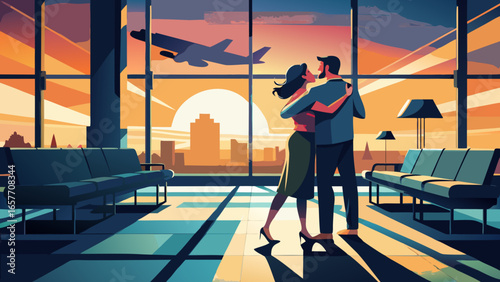 A romantic couple embraces at sunset in an airport lounge, capturing a moment of love and anticipation.