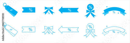 Discount and sale percentage icons set. Collection of sky icons featuring percentage signs in tickets, speech bubbles, stars, and shopping symbols representing discounts and promotions.
