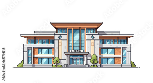 Illustrated public library building with symmetrical facade and modern design elements offering educational resources and community gathering space