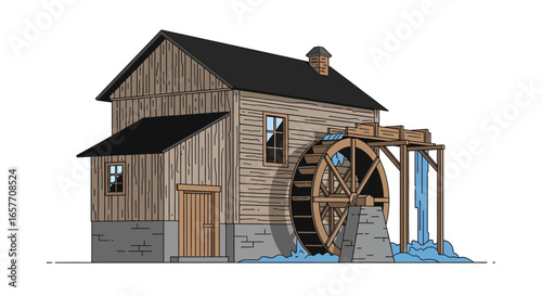 Vintage Watermill Cartoon Illustration Showcasing Rustic Architecture and Historical Craftsmanship Depicting Renewable Water Energy and Serene