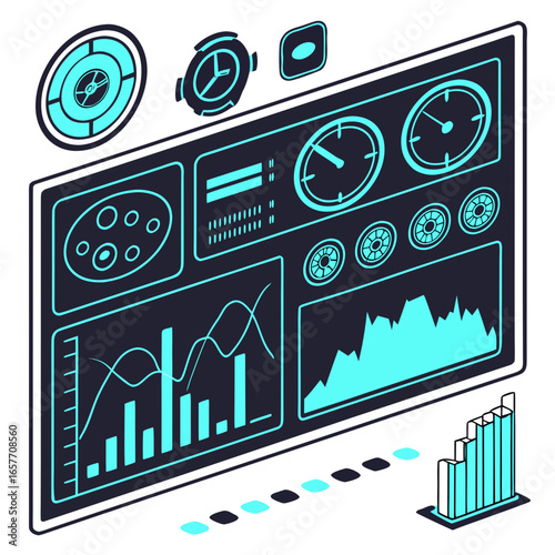 Futuristic dashboard interface displaying data graphs and gauges