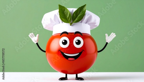 A cheerful, animated tomato, wearing a chef's hat, and with expressive eyes, is depicted against a simple, solid backdrop.