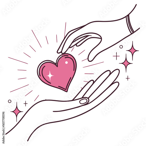 Gentle hands offering pink heart with sparkles giving