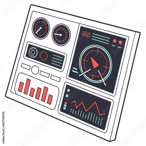 Futuristic dashboard with gauges and graphs technology