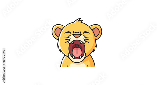 Roaring Cub: Expressive Feline Illustration with Open Mouth and Visible Teeth Emphasizing a Wild and Animated Character Design for Children