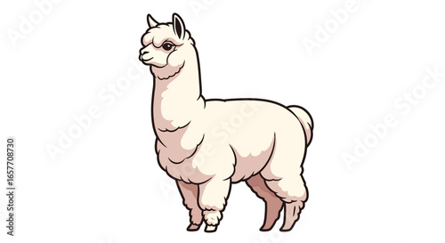 Stylized alpaca illustration with fluffy white fleece and dark outlines standing serenely on a plain canvas of white background isolation