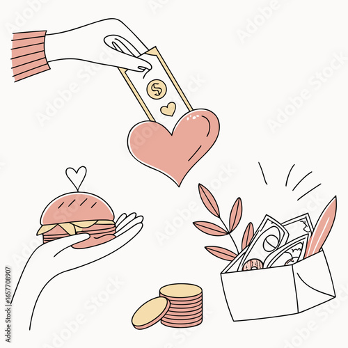 Giving hands with money and food charity donation