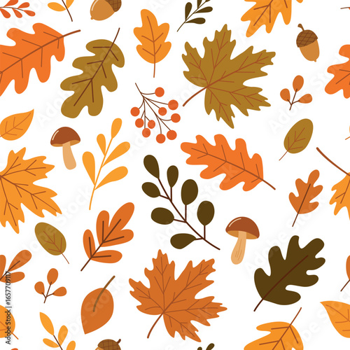 Colorful autumn seamless pattern with mushrooms, leaves and berries. Vector pattern for wrapping paper, fabric and other things