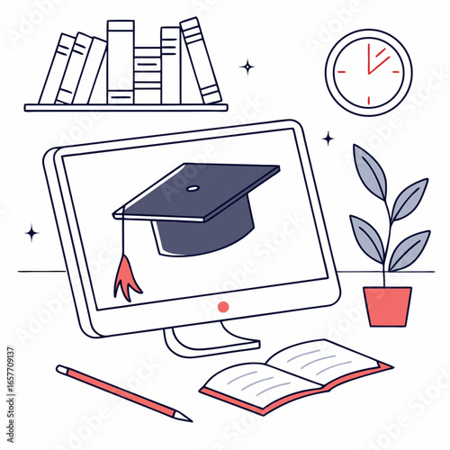 Graduation cap on computer screen with books and plant