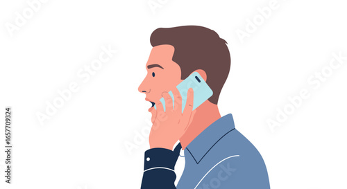 A man receives shocking news during a phone call with a flat design style and a clean backdrop, minimal elements and expressive character gestures
