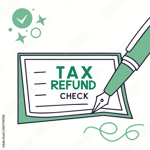 Green checkmark and pen signing tax refund check financial