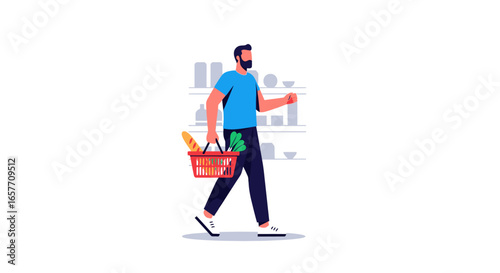 Bearded Man Carrying Groceries in a Red Basket While Walking at Market Cartoon Style Vector Illustration Background Flat Style Fresh Consumption