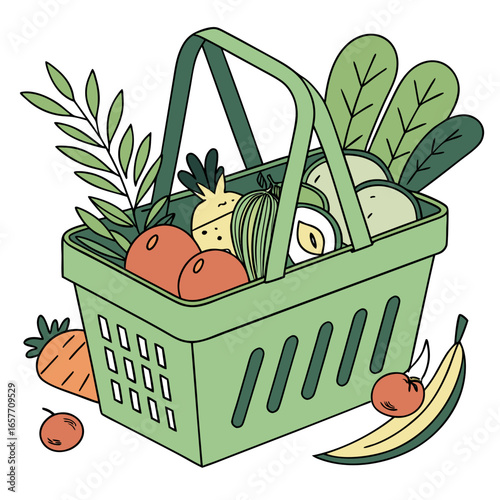 Green shopping basket filled with fresh produce groceries