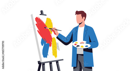 Illustrative painter creating an abstract art with bright paint strokes on canvas and standing near wooden easel in artistic expression and creative