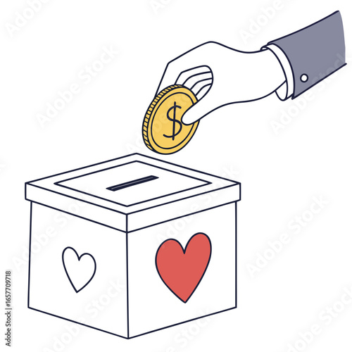 Hand donating golden coin into heart decorated box