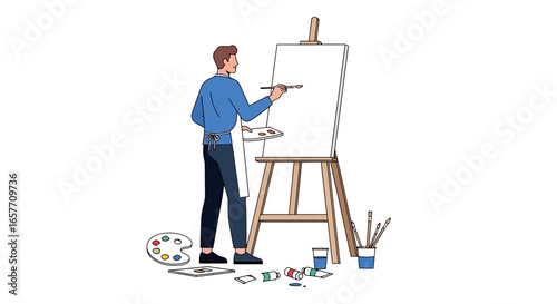 Dedicated artist creating artwork on blank canvas with brushes paints and palette against pure white background illustration of artistic expression