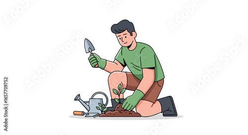 Cartoon illustration of a man planting a seedling in a garden, showcasing gardening equipment and the simple joy of nurturing nature by himself