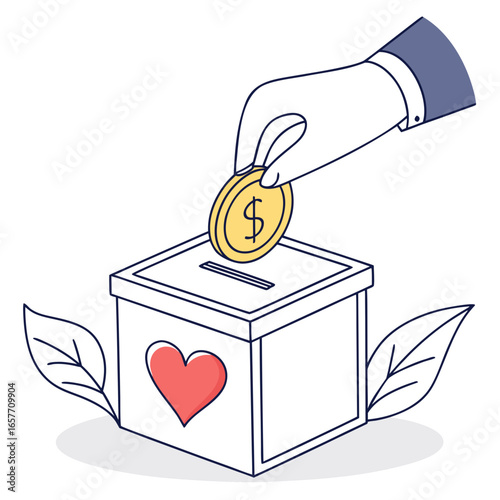 Hand dropping golden coin into donation box with heart