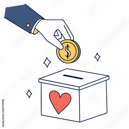 Hand dropping golden coin into donation box with heart