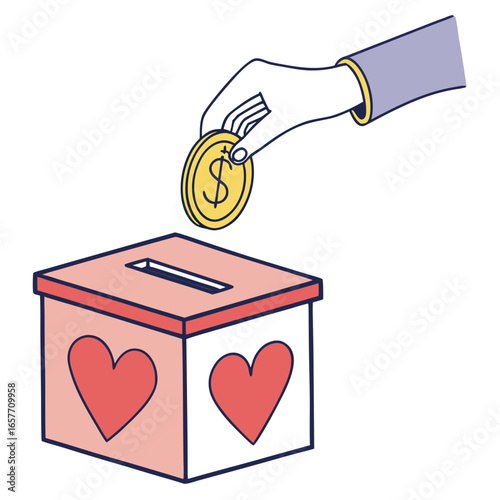 Hand dropping golden coin into donation box with hearts