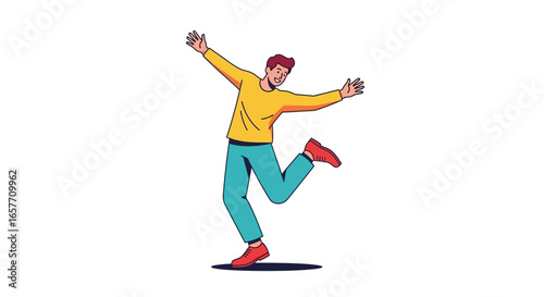 Joyful leap of a man expressing happiness in vector illustration, celebrating success and freedom, portrayed in vibrant colors with a minimalist style