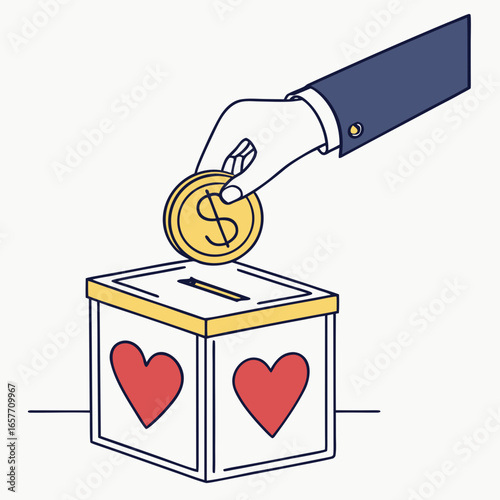 Hand dropping golden coin into donation box with hearts
