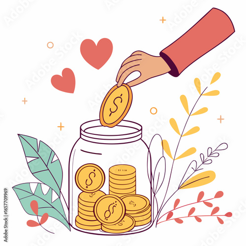 Hand dropping golden coins into glass jar money