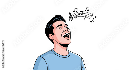 Illustration of a joyful man singing with musical notes above his head conveying melody and passion in art form featuring a clear white backdrop