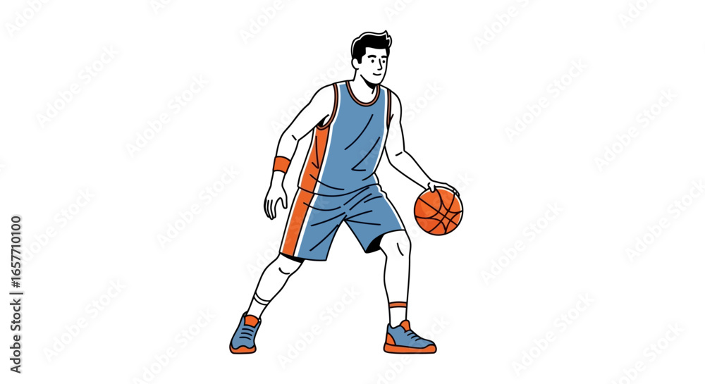 Fototapeta premium Dynamic basketball player dribbling a ball, captured in a stylistic line drawing highlighting movement and athletic stance on a white background