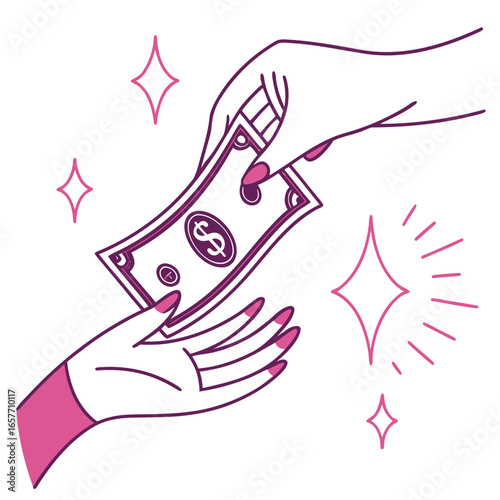 Hand giving money with sparkles dollar receiving