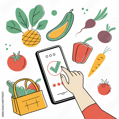 Hand ordering groceries on phone with fresh produce