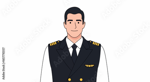Digital illustration of a confident airline pilot in uniform with a friendly demeanor, ready to fly high and ensure passenger safety while