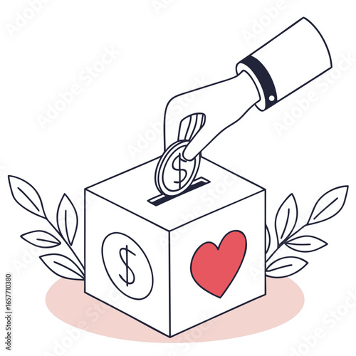 Hand placing coin into donation box with heart charity
