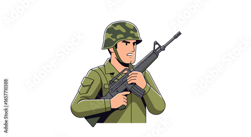 Cartoonish Illustration of a Soldier in Uniform Holding a Rifle with Vigilance