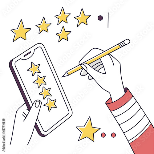 Hand rating stars on phone screen pencil