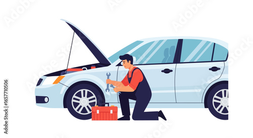 Illustration depicting a mechanic working on a car with the hood open in a repair setting offering professional automotive services maintenance