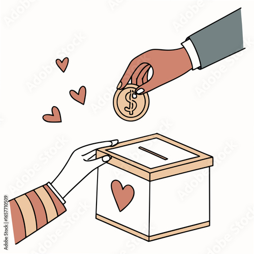 Hands donating coin to charity box with hearts donation