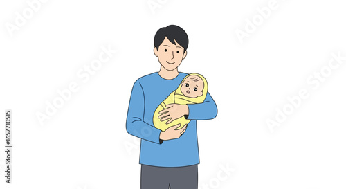 Joyful father embracing newborn baby in gentle vector art illustration showcasing family connection and tender moments, cartoon style drawing