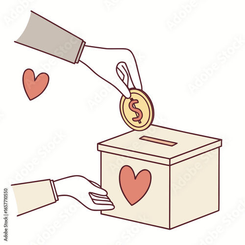 Hands donating coin to charity box with hearts donation