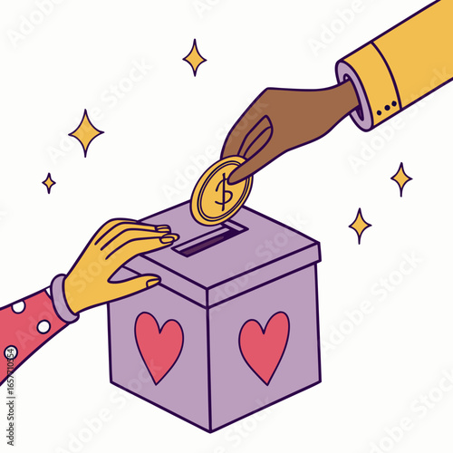 Hands donating gold coin into donation box with hearts