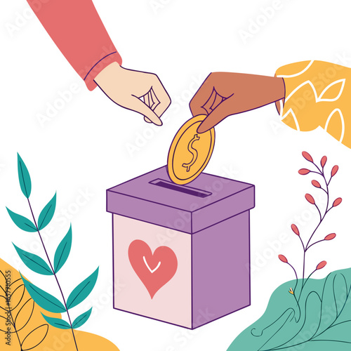Hands donating gold coin into donation box with heart