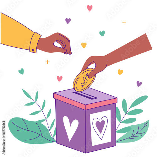 Hands donating gold coin into purple box with hearts