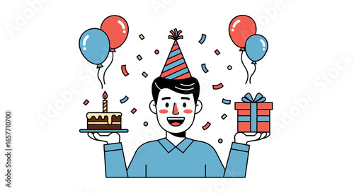 Celebratory illustration of a man wearing a birthday hat and holding a cake and gift with balloons and confetti