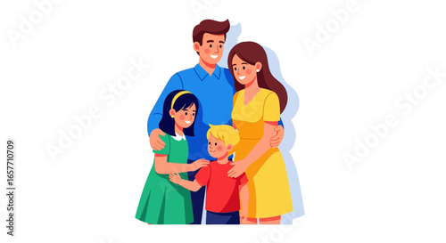 A Cartoon Family Portrait Showcasing Togetherness and Affection in Simple Lines and Bright Colors perfect for family oriented design 86 characters