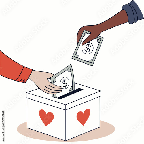 Hands donating money into heart decorated box donation